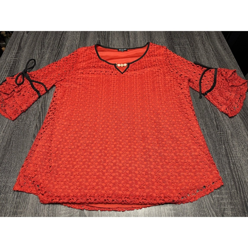 Olivia Blu Red Lace Bell Sleeve Keyhole Neck Beaded Blouse Top XL